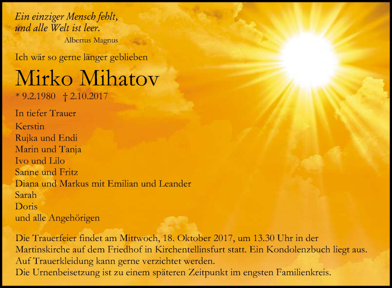  Traueranzeige für Mirko Mihatov vom 14.10.2017 aus Reutlinger General-Anzeiger