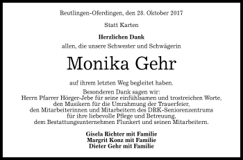 Anzeige von Monika Gehr von Reutlinger General-Anzeiger