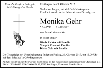 Anzeige von Monika Gehr von Reutlinger General-Anzeiger