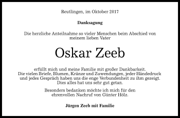 Anzeige von Oskar Zeeb von Reutlinger General-Anzeiger
