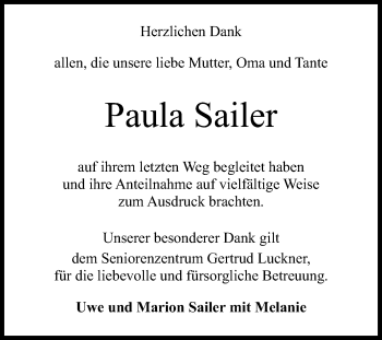 Anzeige von Paula Sailer von Reutlinger General-Anzeiger