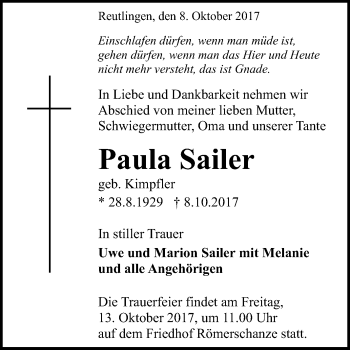 Anzeige von Paula Sailer von Reutlinger General-Anzeiger
