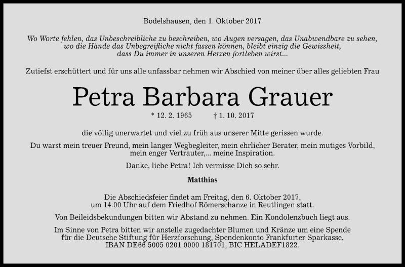 Traueranzeige für Petra Barbara Grauer vom 04.10.2017 aus Reutlinger General-Anzeiger