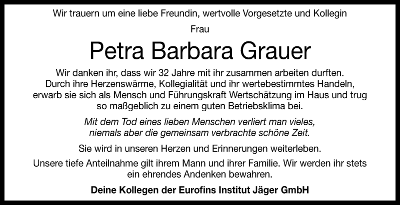 Traueranzeige für Petra Barbara Grauer vom 05.10.2017 aus Reutlinger General-Anzeiger