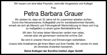 Anzeige von Petra Barbara Grauer von Reutlinger General-Anzeiger