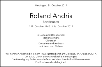 Anzeige von Roland Andris von Reutlinger General-Anzeiger