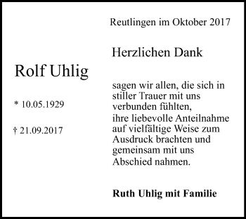 Anzeige von Rolf Uhlig von Reutlinger General-Anzeiger