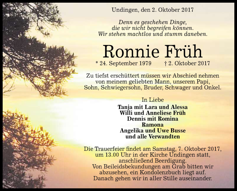  Traueranzeige für Ronnie Früh vom 06.10.2017 aus Reutlinger General-Anzeiger