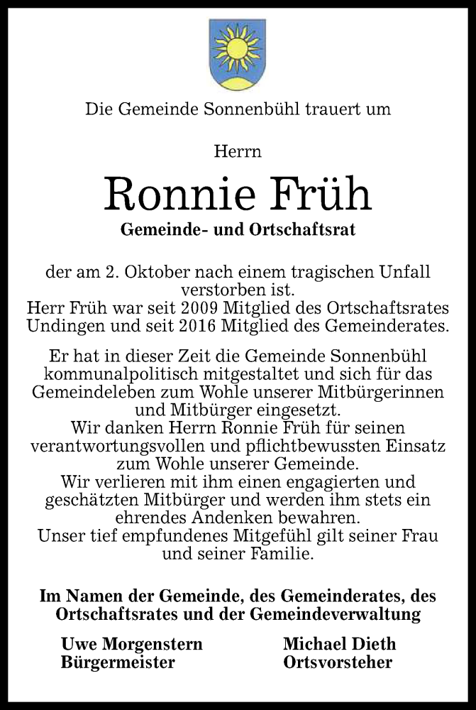  Traueranzeige für Ronnie Früh vom 06.10.2017 aus Reutlinger General-Anzeiger