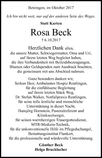 Anzeige von Rosa Beck von Reutlinger General-Anzeiger