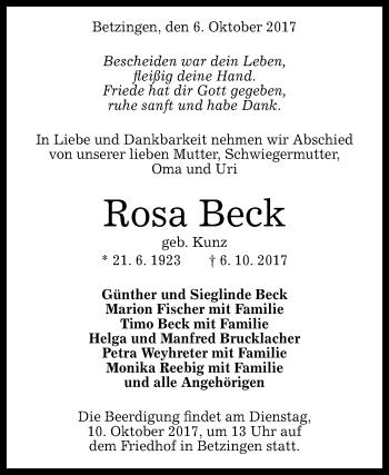 Anzeige von Rosa Beck von Reutlinger General-Anzeiger
