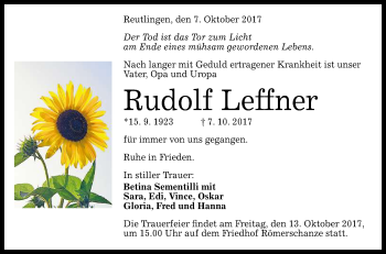 Anzeige von Rudolf Leffner von Reutlinger General-Anzeiger