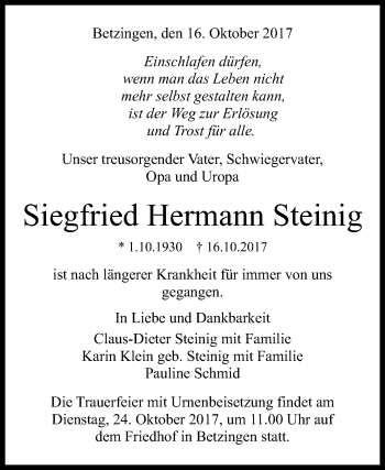 Anzeige von Siegfried Hermann Steinig von Reutlinger General-Anzeiger