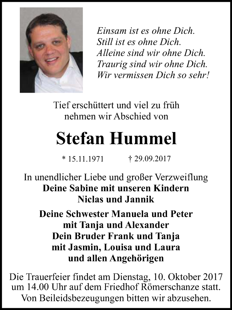  Traueranzeige für Stefan Hummel vom 07.10.2017 aus Reutlinger General-Anzeiger