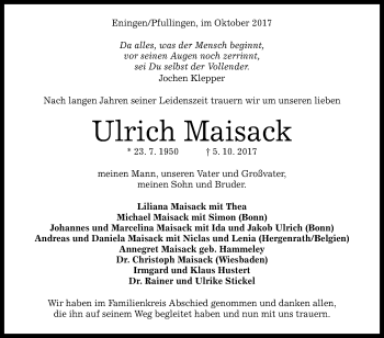 Anzeige von Ulrich Maisack von Reutlinger General-Anzeiger