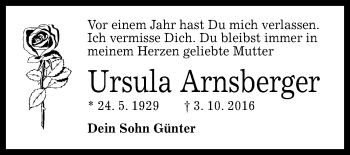 Anzeige von Ursula Arnsberger von Reutlinger General-Anzeiger