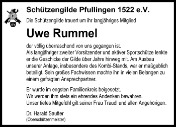 Anzeige von Uwe Rummel von Reutlinger General-Anzeiger