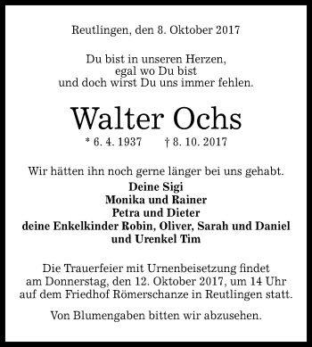 Anzeige von Walter Ochs von Reutlinger General-Anzeiger