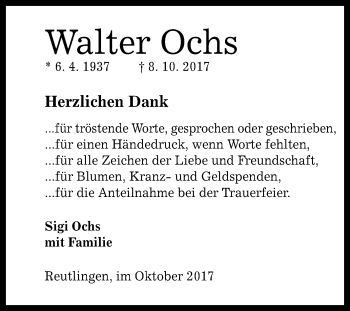 Anzeige von Walter Ochs von Reutlinger General-Anzeiger