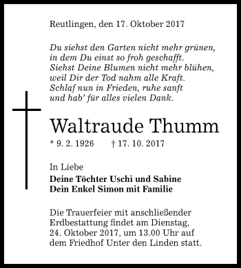 Anzeige von Waltraude Thumm von Reutlinger General-Anzeiger