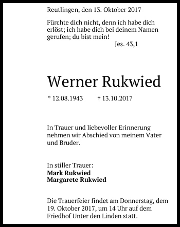 Anzeige von Werner Rukwied von Reutlinger General-Anzeiger