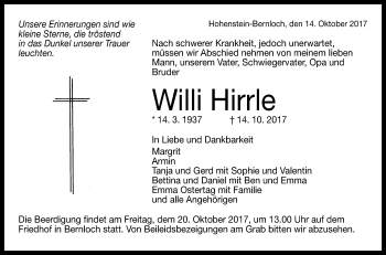 Anzeige von Willi Hirrle von Reutlinger General-Anzeiger