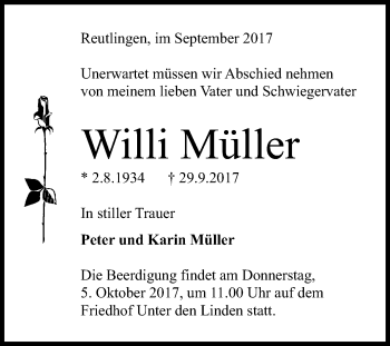 Anzeige von Willi Müller von Reutlinger General-Anzeiger
