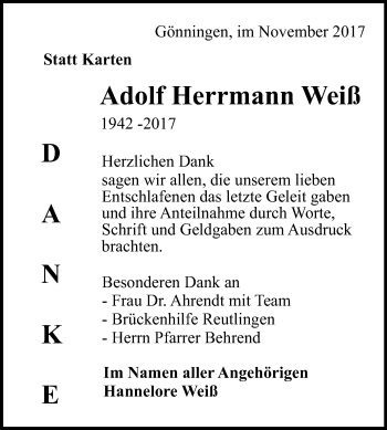 Anzeige von Adolf Herrmann Weiß von Reutlinger General-Anzeiger