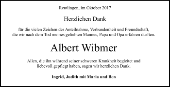 Anzeige von Albert Wibmer von Reutlinger General-Anzeiger