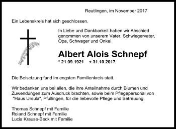 Anzeige von Albert Alois Schnepf von Reutlinger General-Anzeiger