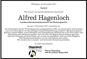 Anzeige von Alfred Hagenloch von Reutlinger General-Anzeiger