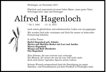 Anzeige von Alfred Hagenloch von Reutlinger General-Anzeiger