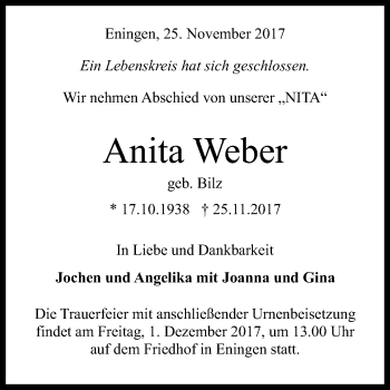 Anzeige von Anita Weber von Reutlinger General-Anzeiger