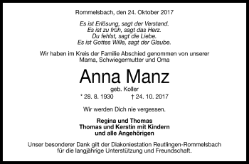 Anzeige von Anna Manz von Reutlinger General-Anzeiger