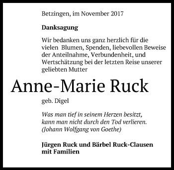 Anzeige von Anne-Marie Ruck von Reutlinger General-Anzeiger