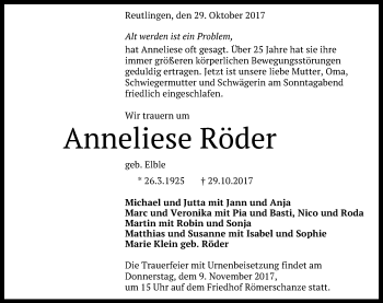 Anzeige von Anneliese Röder von Reutlinger General-Anzeiger