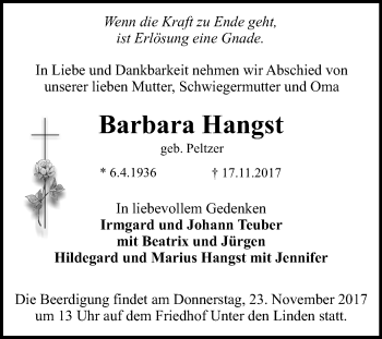 Anzeige von Barbara Hangst von Reutlinger General-Anzeiger