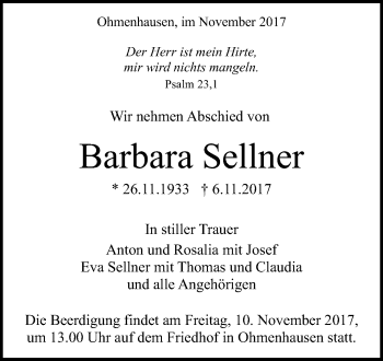 Anzeige von Barbara Sellner von Reutlinger General-Anzeiger