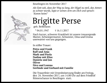Anzeige von Brigitte Perse von Reutlinger General-Anzeiger