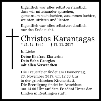 Anzeige von Christos Karantagas von Reutlinger General-Anzeiger