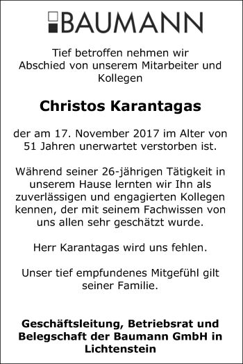 Anzeige von Christos Karantagas von Reutlinger General-Anzeiger