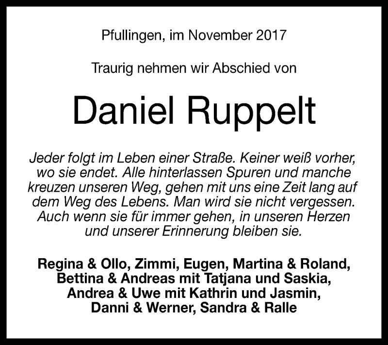  Traueranzeige für Daniel Ruppelt vom 18.11.2017 aus Reutlinger General-Anzeiger