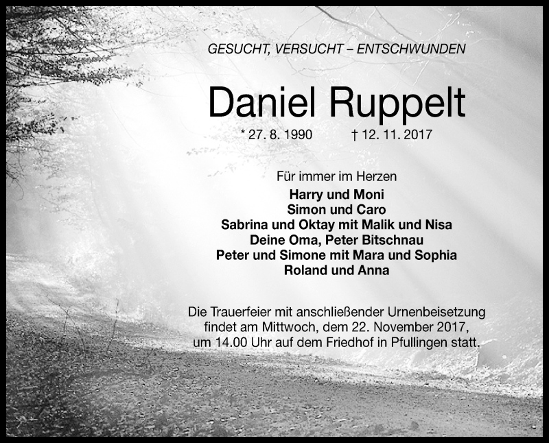  Traueranzeige für Daniel Ruppelt vom 18.11.2017 aus Reutlinger General-Anzeiger