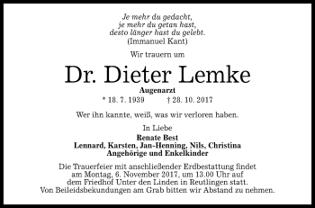 Anzeige von Dieter Lemke von Reutlinger General-Anzeiger