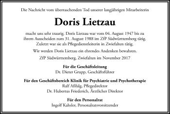 Anzeige von Doris Lietzau von Reutlinger General-Anzeiger