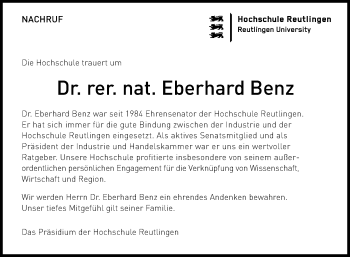 Anzeige von Eberhard Benz von Reutlinger General-Anzeiger