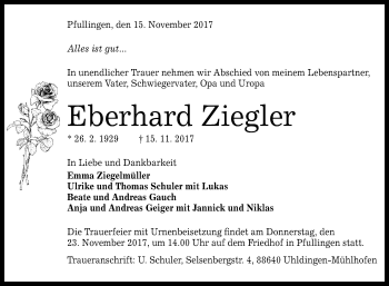 Anzeige von Eberhard Ziegler von Reutlinger General-Anzeiger