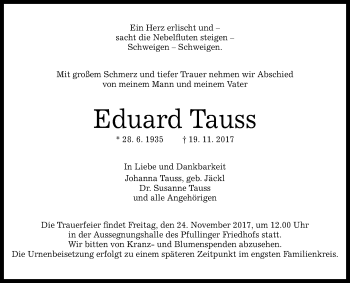 Anzeige von Eduard Tauss von Reutlinger General-Anzeiger