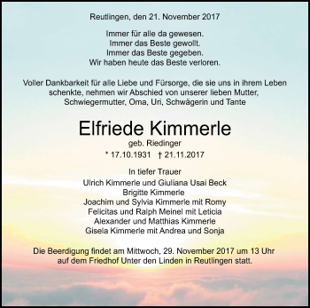 Anzeige von Elfriede Kimmerle von Reutlinger General-Anzeiger