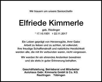 Anzeige von Elfriede Kimmerle von Reutlinger General-Anzeiger